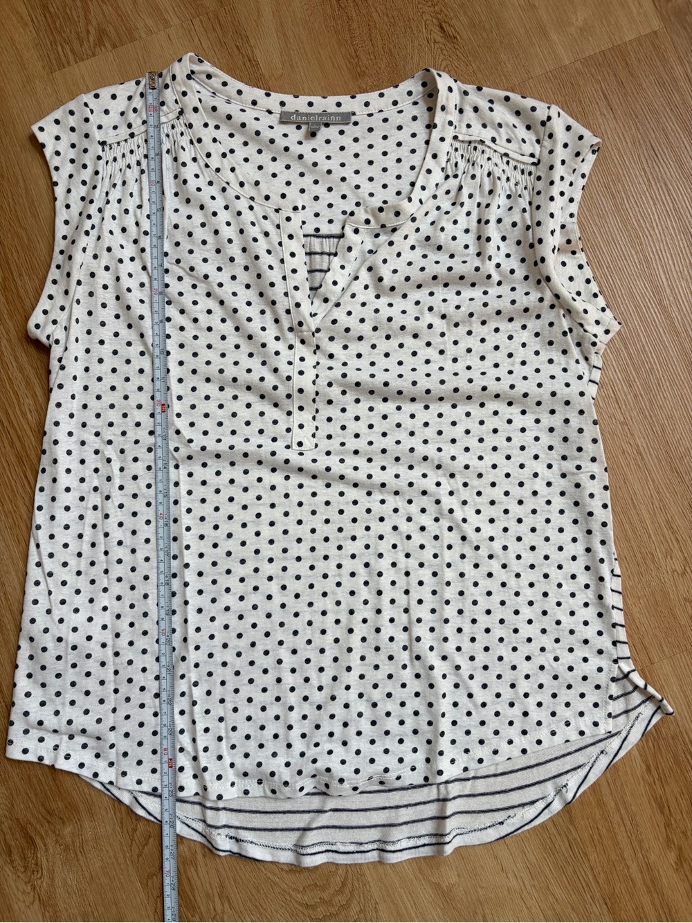 Daniel Rainn White Blouse Split Neck Black Polka Dots Stripes Sleeveless Large - Picture 9 of 11